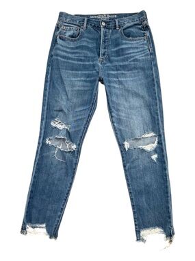 American Eagle 100% Cotton High Rise Girlfriend Distressed Jeans 4 Short Blue